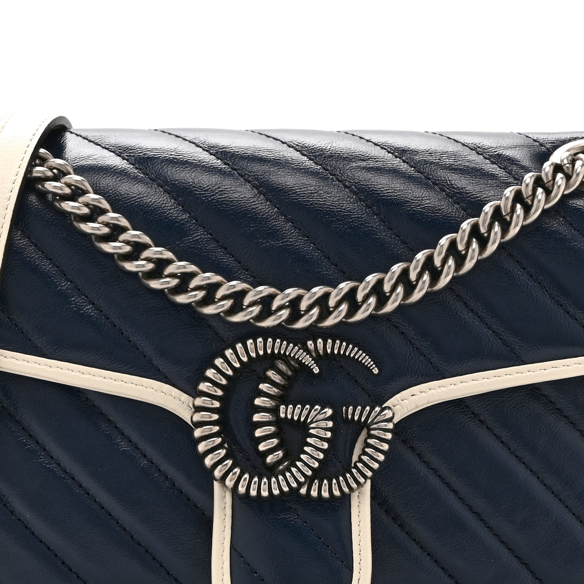 Gucci Vintage Effect Calfskin Matelasse Diagonal Small Torchon GG Marmont Shoulder Bag Blue Agata Mystic White 9 of 12