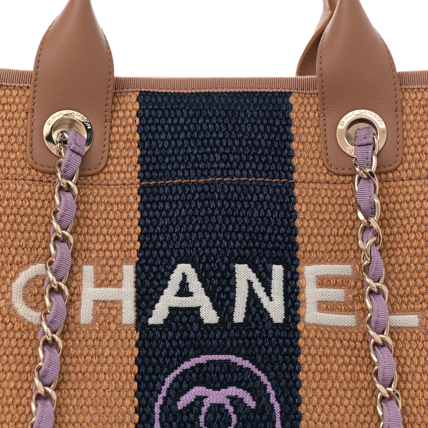 Chanel Straw Raffia Calfskin Striped Medium Deauville Tote Dark Beige Fuchsia Navy Blue 8 of 12