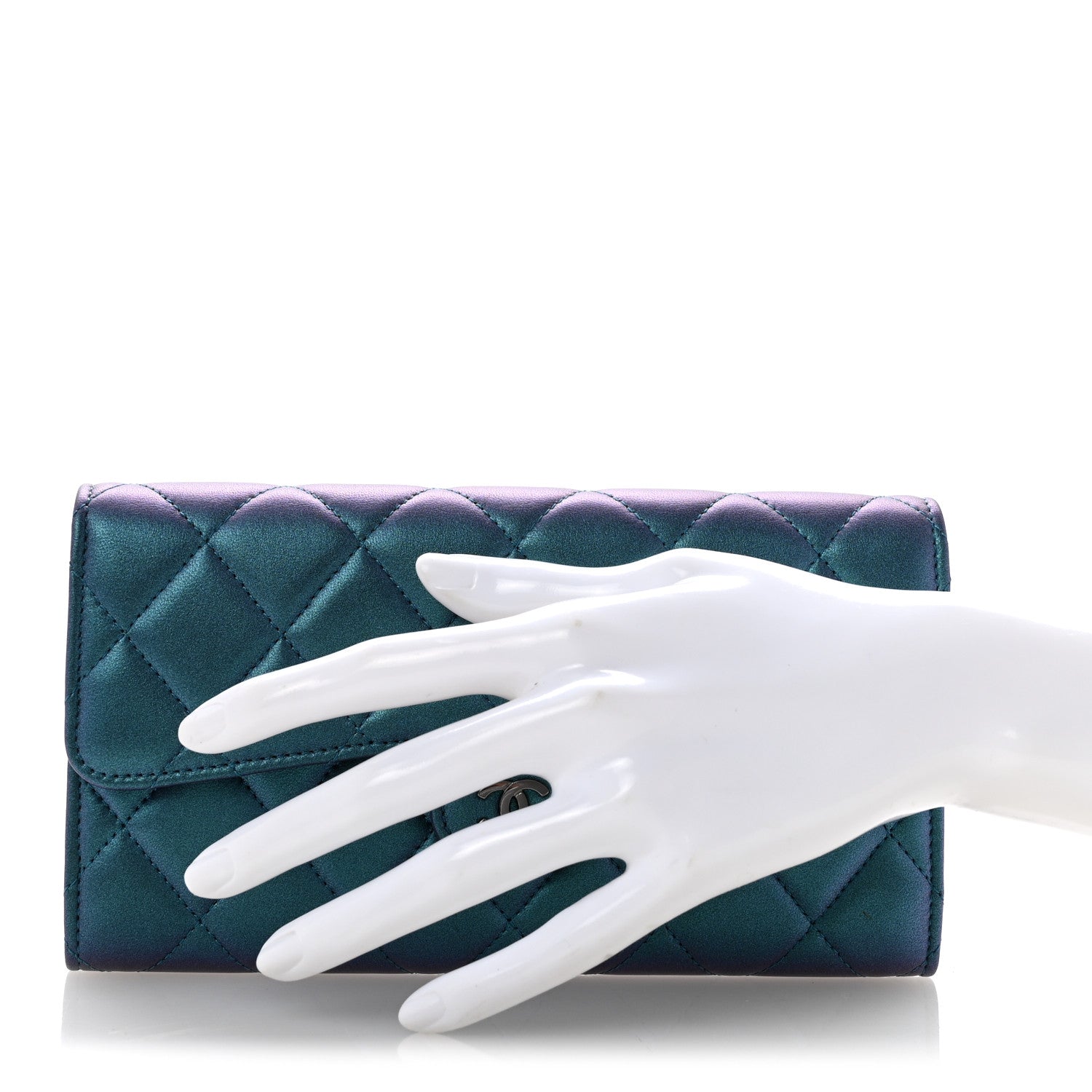Chanel Metallic Lambskin Quilted Large Gusset Flap Wallet Turquoise 2 of 11
