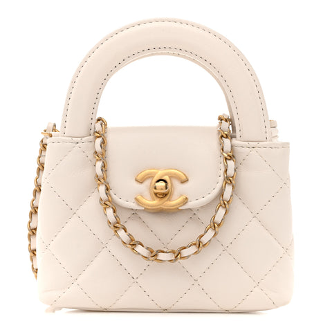 Shiny Aged Calfskin Quilted Mini Nano Kelly Shopper White