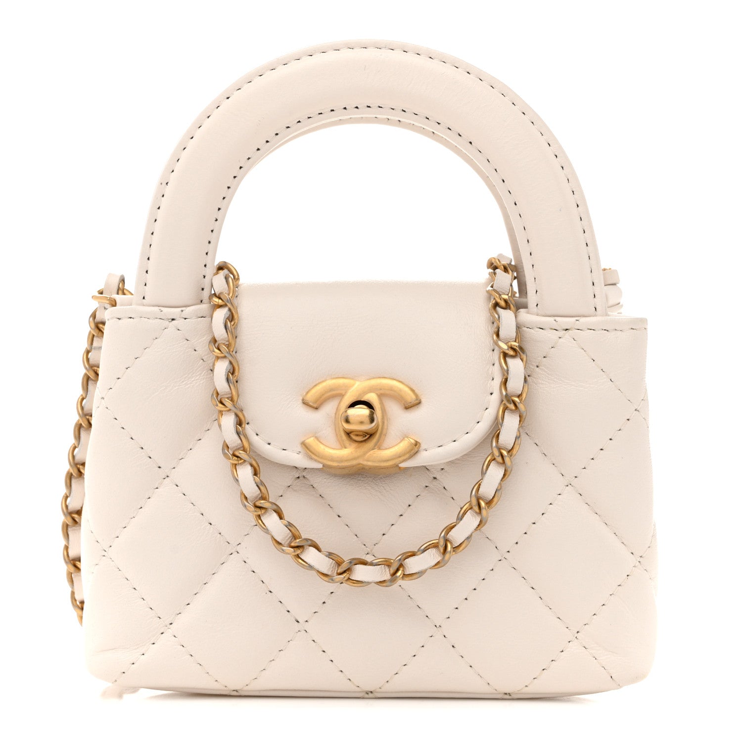 Chanel Shiny Aged Calfskin Quilted Mini Nano Kelly Shopper White 1 of 10