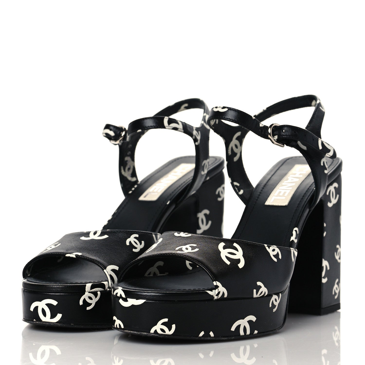 Chanel Printed Lambskin CC Platform Sandals 41 Black White 5 of 16