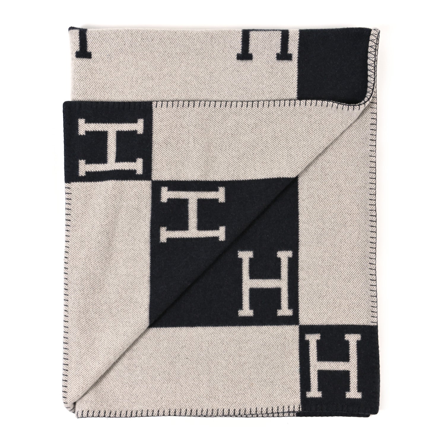 Hermes Wool Cashmere Signature Avalon Blanket Ecru Gris Fonce 2 of 5