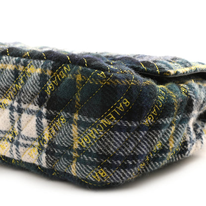 Balenciaga Wool Plaid Diagonal Allover Logo Matelasse M BB Round Shoulder Bag Green Blue Yellow 9 of 9