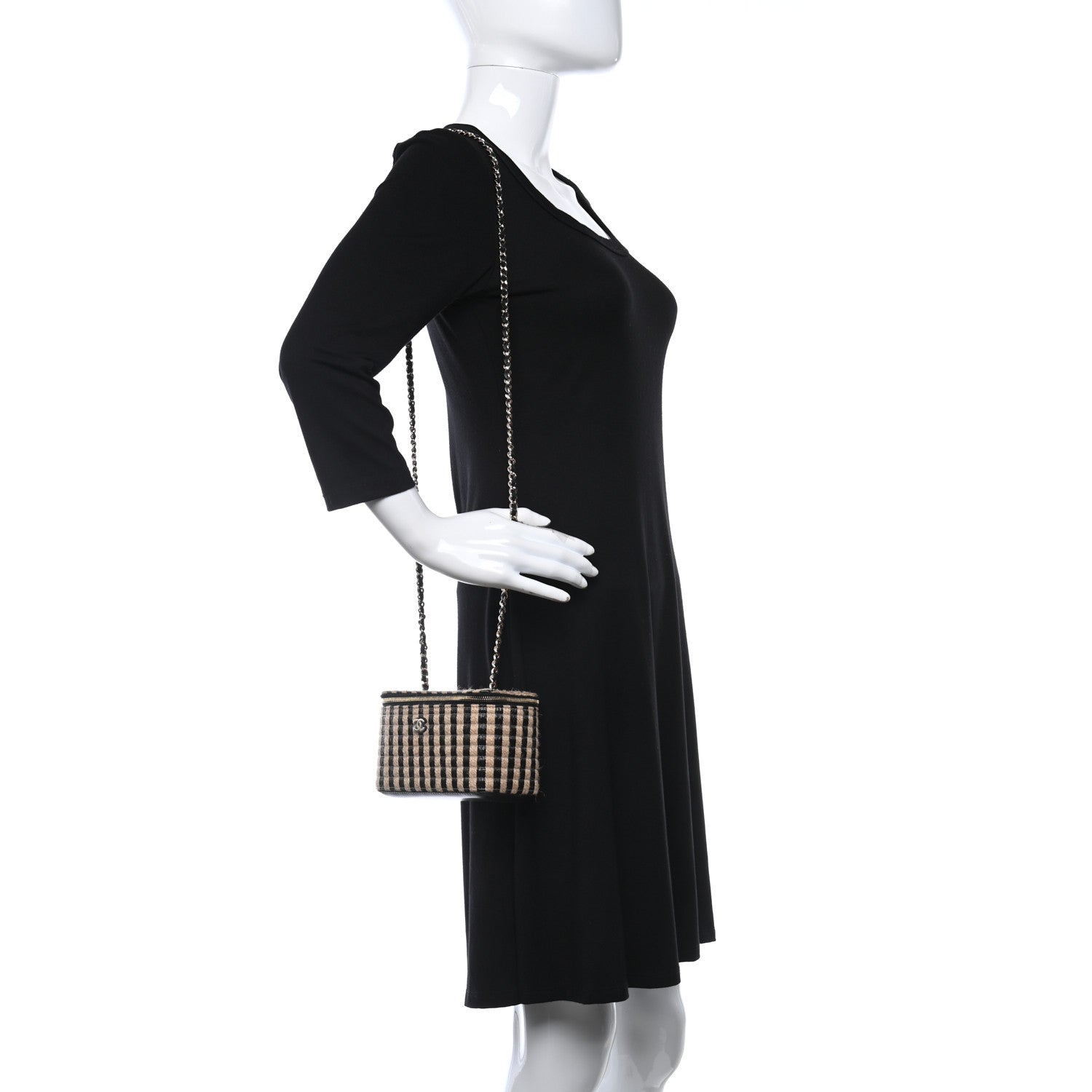 Chanel Raffia Jute Striped Small Vanity Case With Chain Black Beige 2 of 12