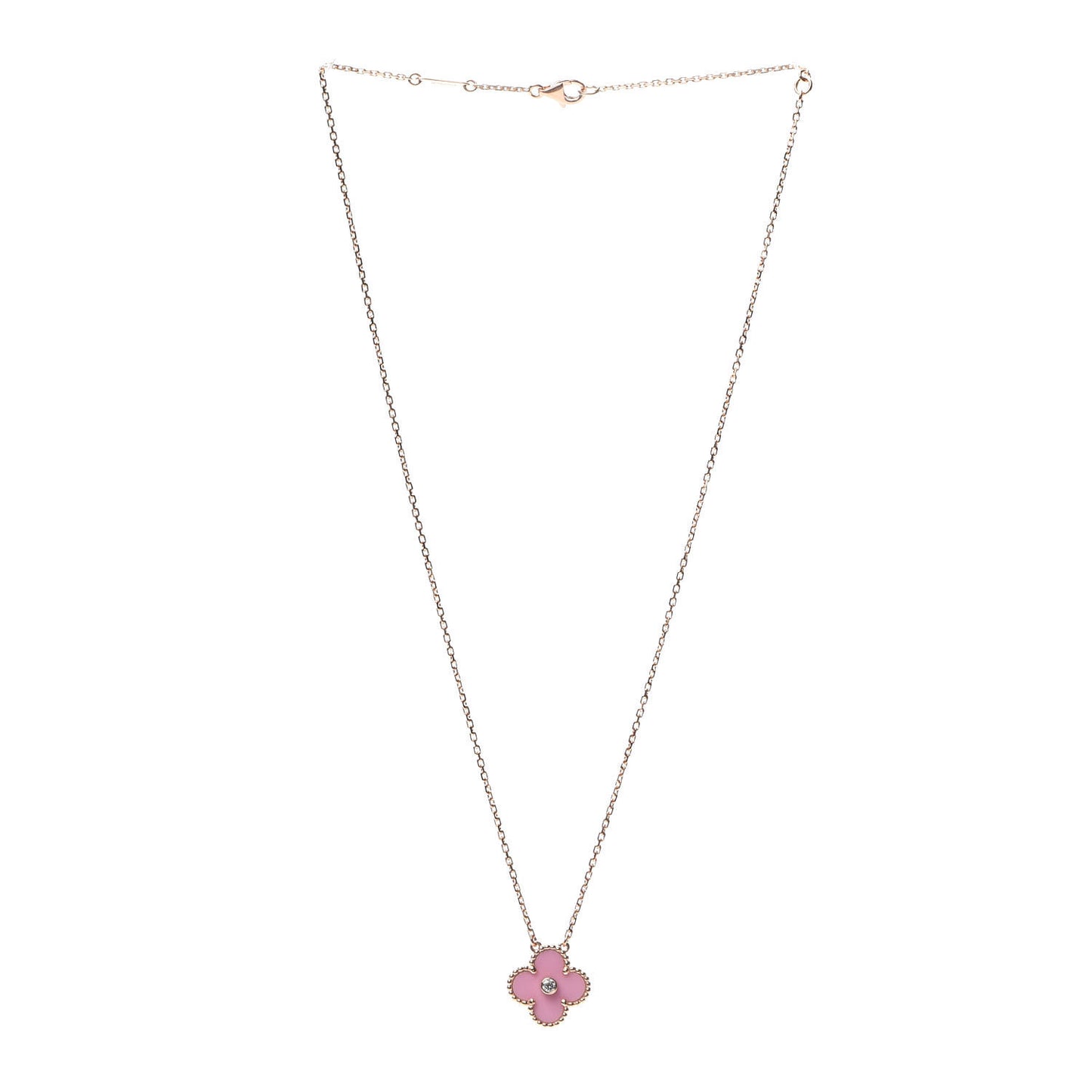 18K Rose Gold Diamond Pink Porcelain Vintage Alhambra Pendant Necklace