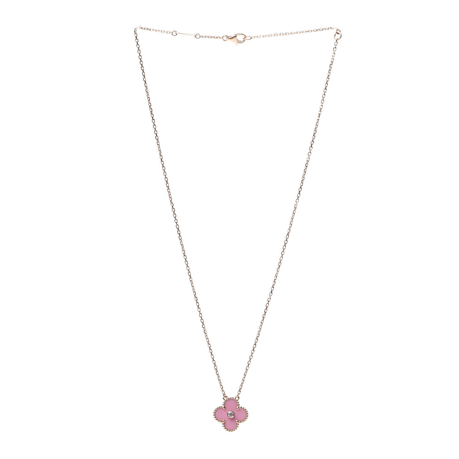 Van Cleef & Arpels 18K Rose Gold Diamond Pink Porcelain Vintage Alhambra Pendant Necklace 3 of 7