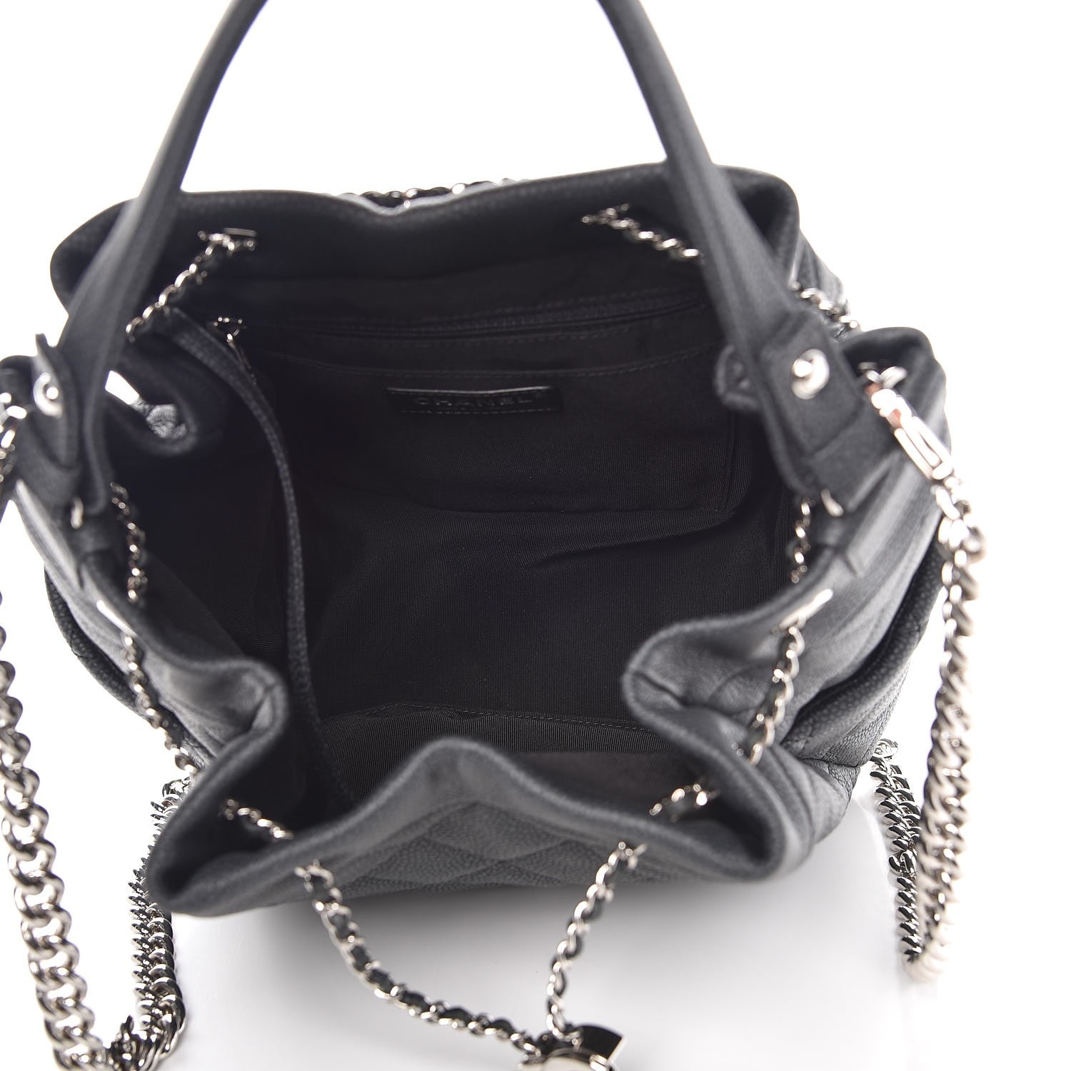 Chanel Caviar Flat Quilted CC Chain Bucket Drawstring Bag Black 7 of 8