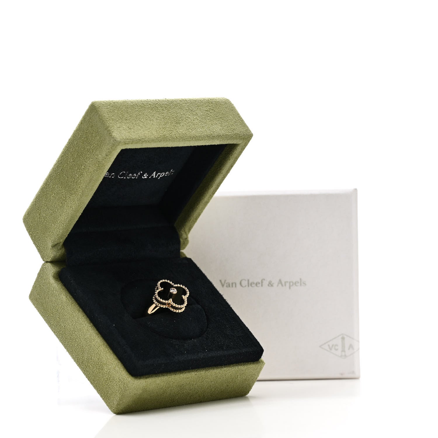 Van Cleef & Arpels 18K Yellow Gold Diamond Black Onyx Vintage Alhambra Ring 50 5.5 6 of 6