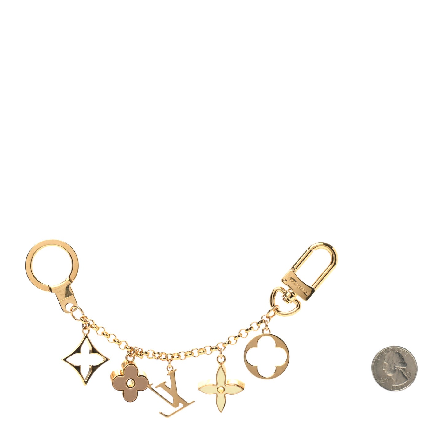 Brass Enamel Fleur De Monogram Bag Charm Chain Gold