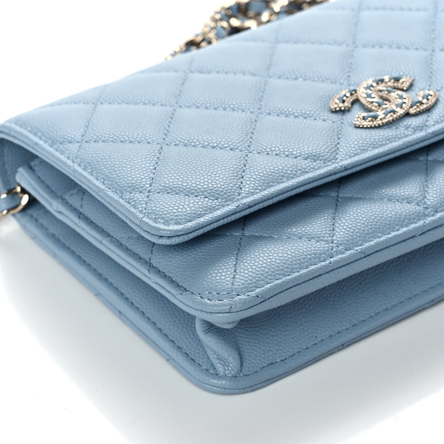 Chanel Caviar Quilted Crystal CC Wallet On Chain WOC Light Blue 10 of 12