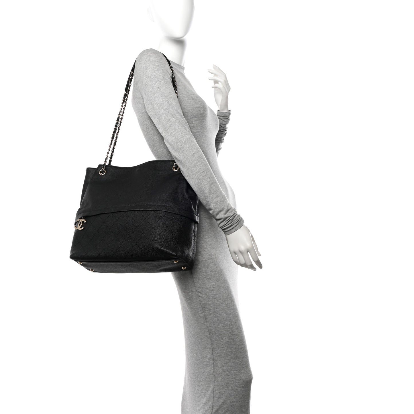Crumpled Grained Calfskin Zip and Carry Shopping Tote Black