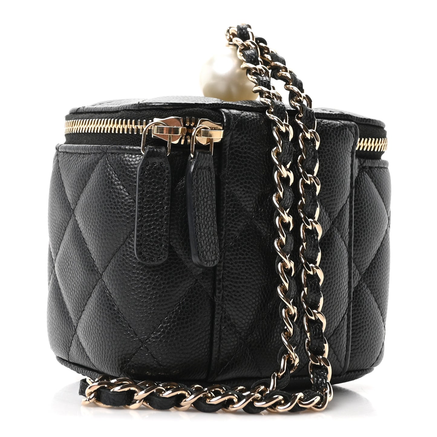 Caviar Quilted Mini Pearl On Top Vanity Case With Chain Black