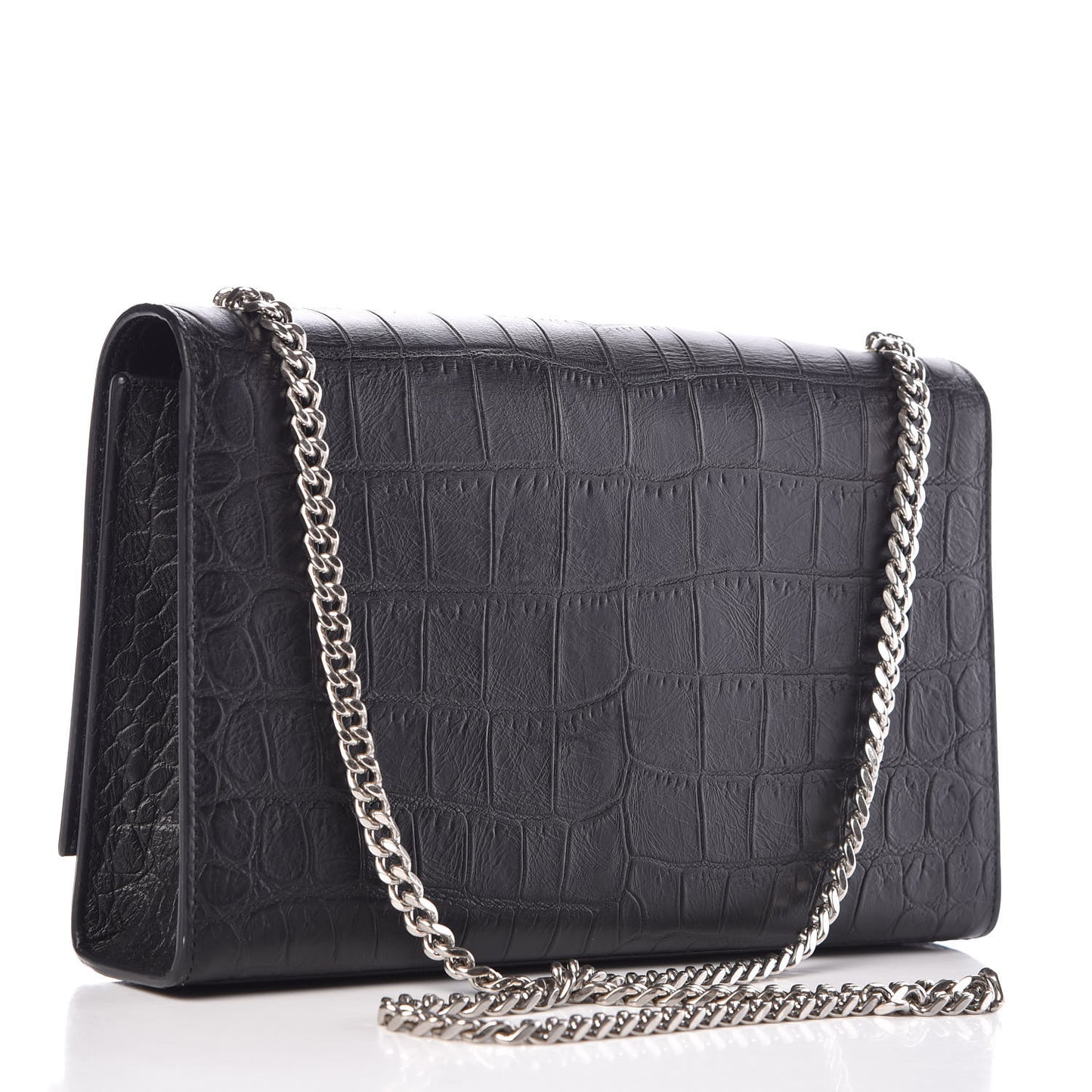 Calfskin Crocodile Embossed Medium Classic Monogram Kate Tassel Satchel Black