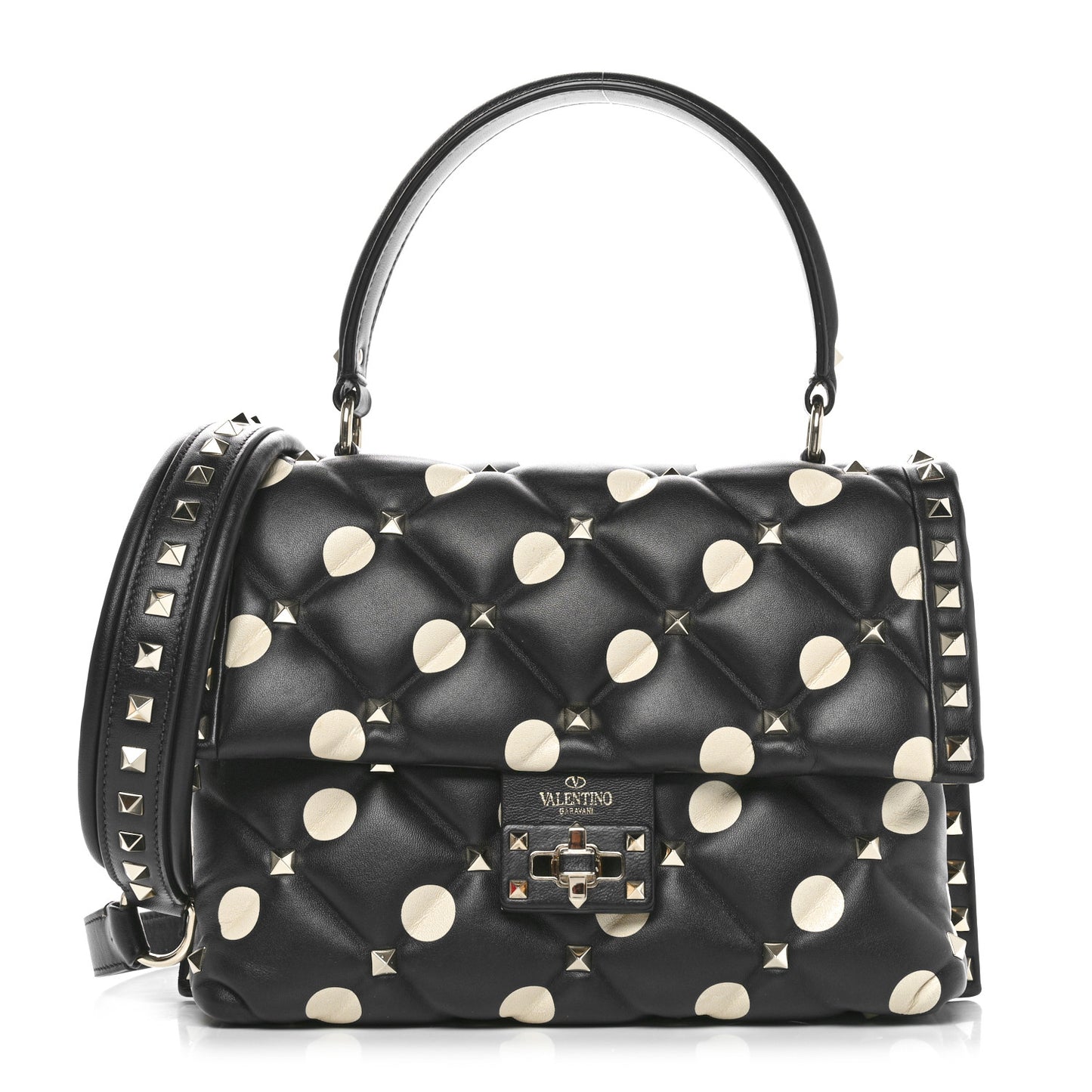 Nappa Medium Polka Dot Candystud Top Handle Bag Black White