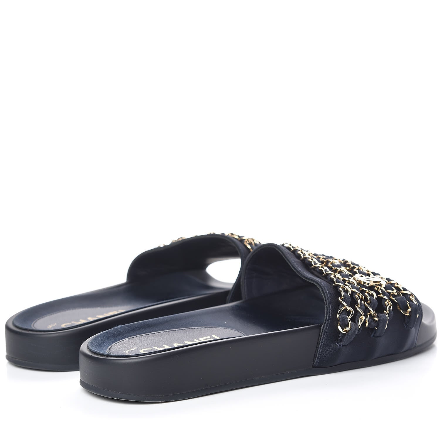Chanel Satin Canvas Chain Slides Sandals Flats 37 Marine 4 of 14