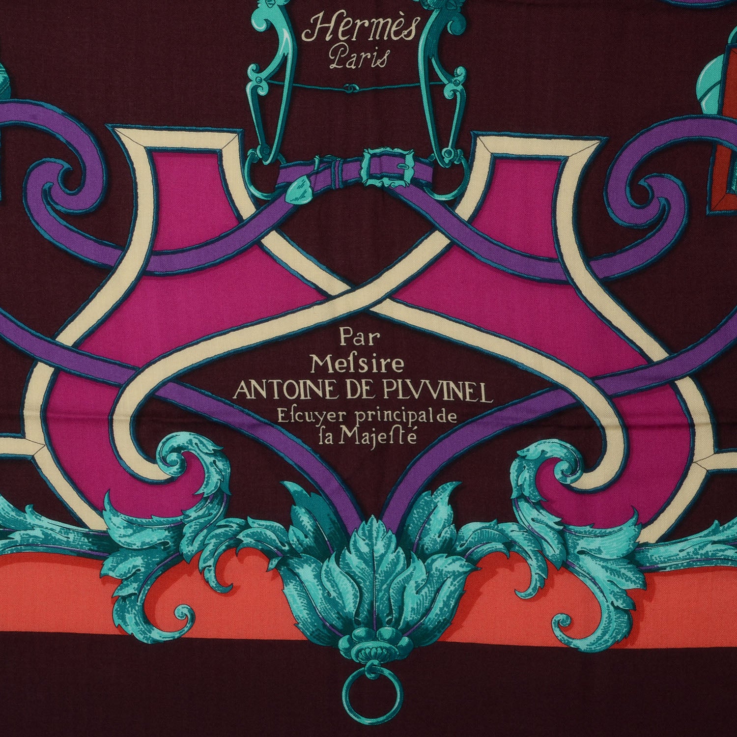 Hermes Cashmere Silk L'Instruction du Roy Shawl GM 140 Aubergine Fuchsia Vert 4 of 6