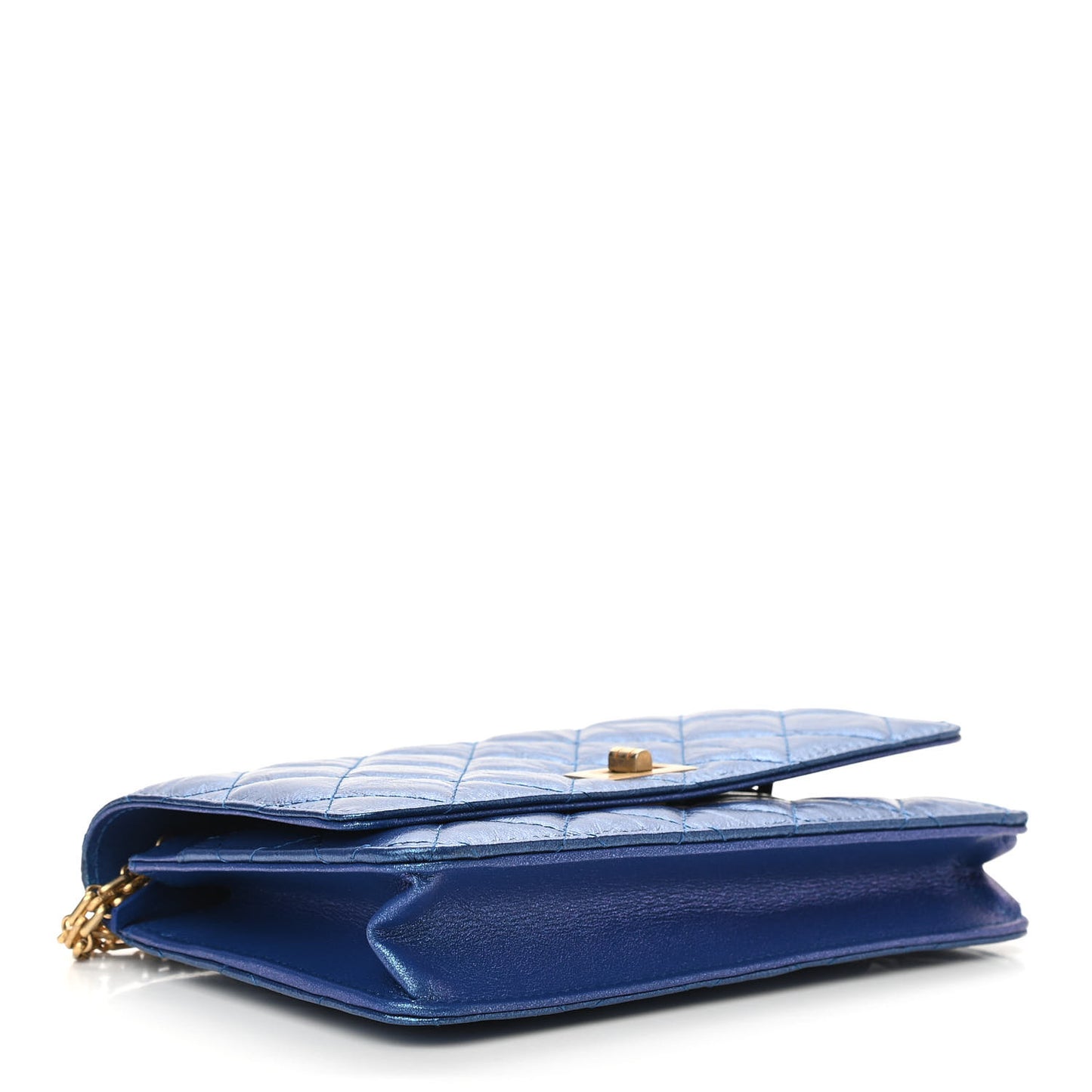 Metallic Aged Calfskin Quilted 2.55 Reissue Wallet on Chain WOC Blue