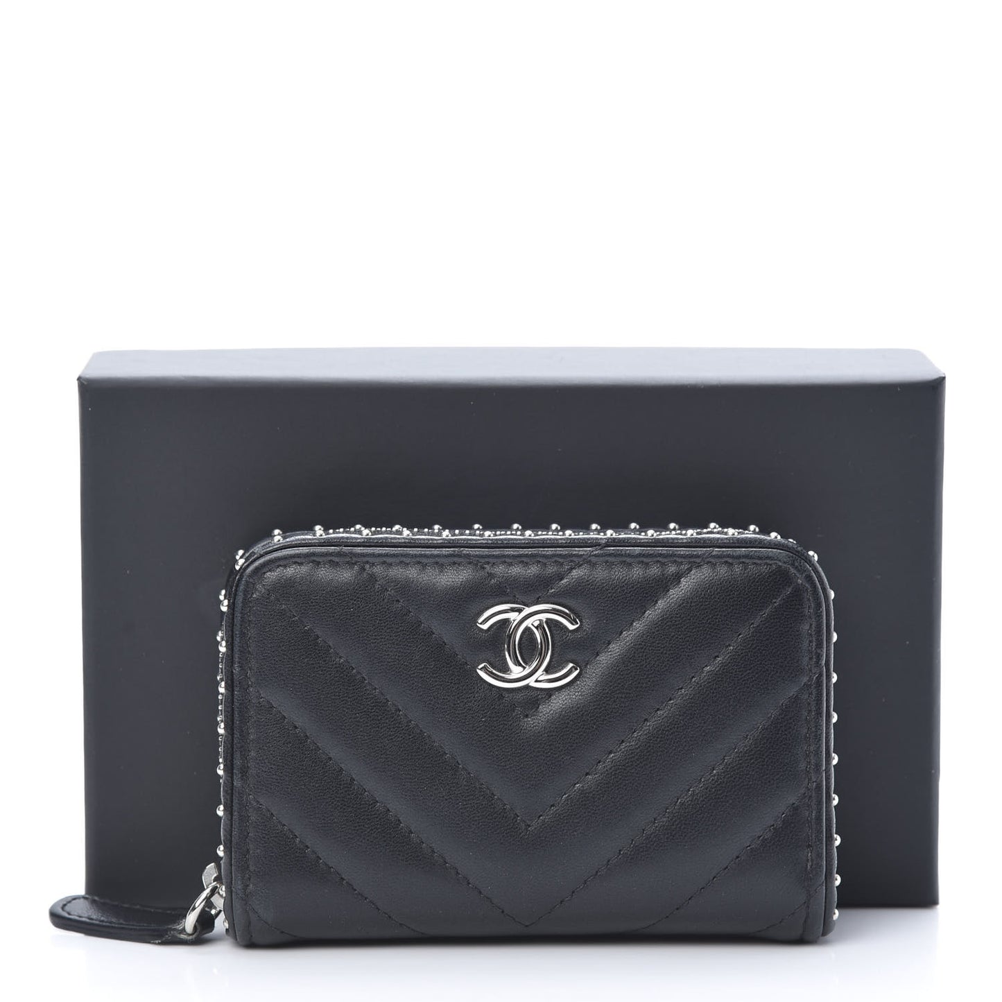 Lambskin Chevron Quilted Studded Zip Around Coin Purse Black