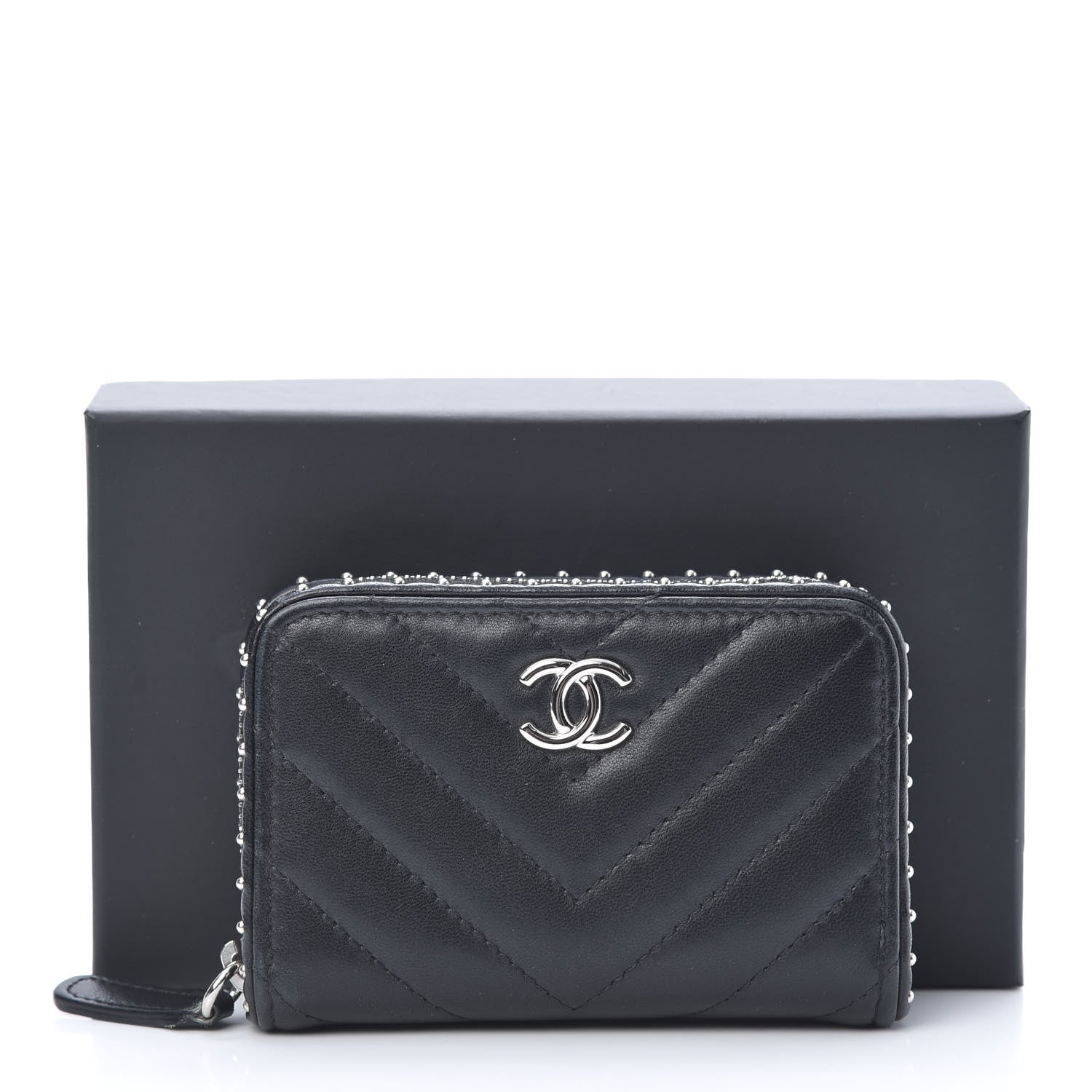 Chanel Lambskin Chevron Quilted Studded Zip Around Coin Purse Black 8 of 8