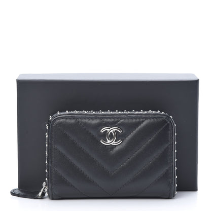 Chanel Lambskin Chevron Quilted Studded Zip Around Coin Purse Black 8 of 8