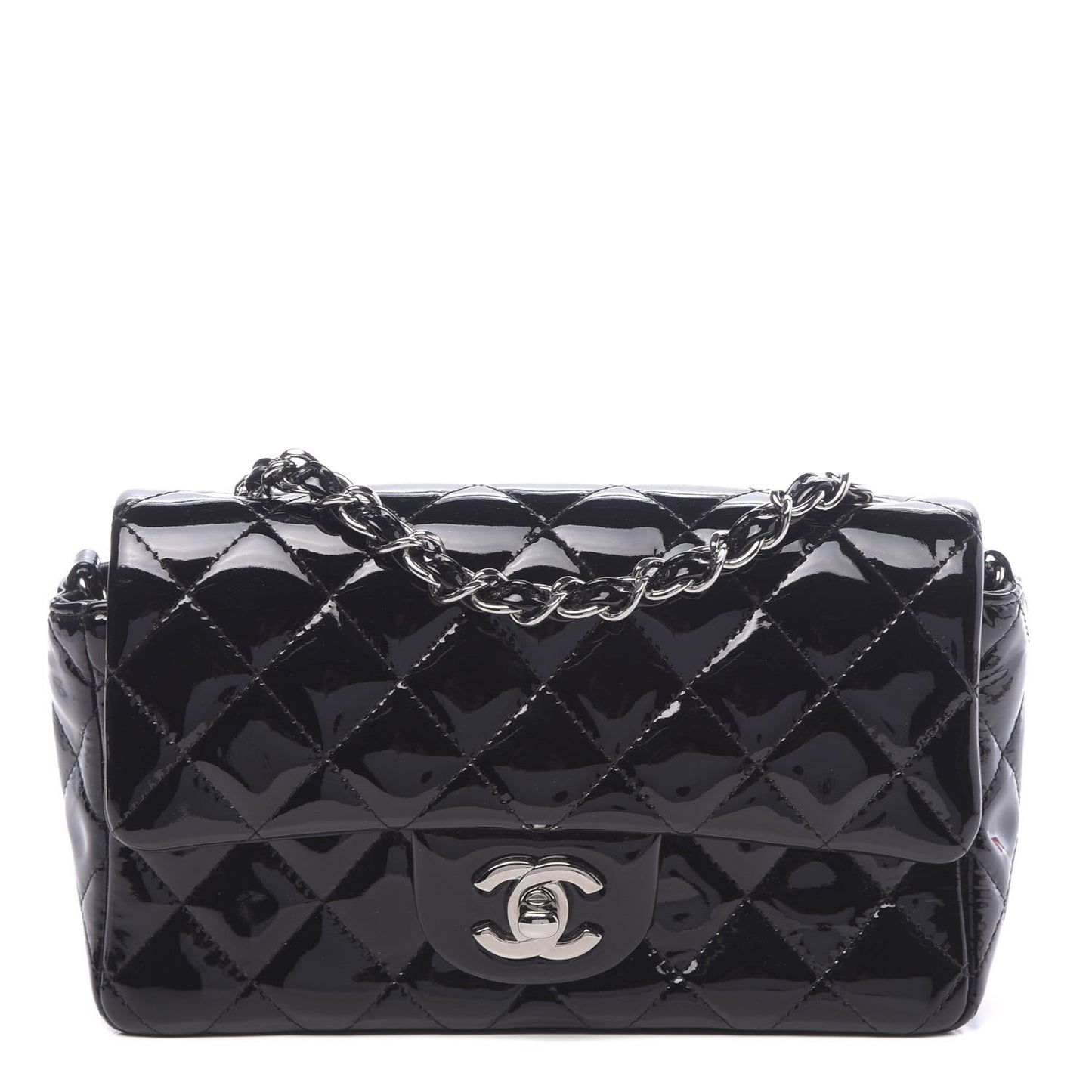 Patent Calfskin Quilted Mini Rectangular Flap Black