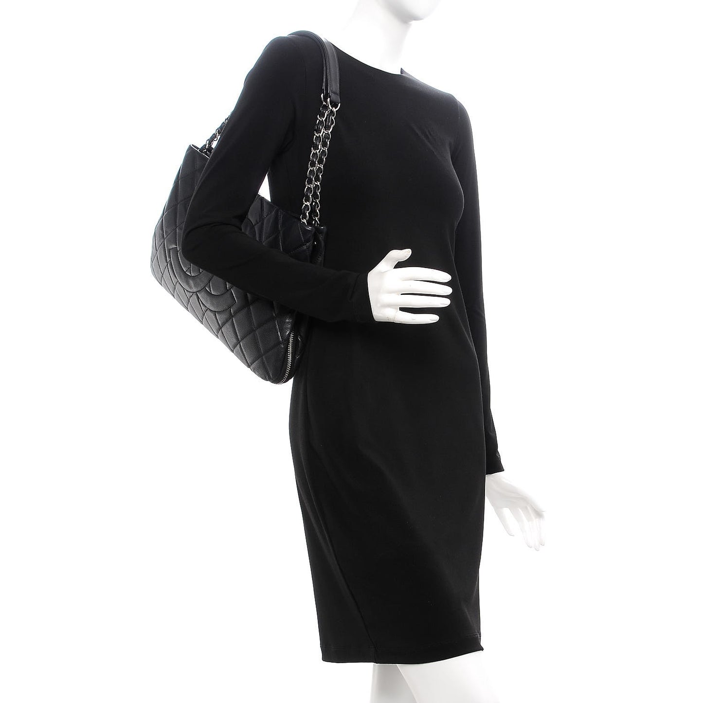 Caviar Quilted Expandable Zip Shoulder Bag Black