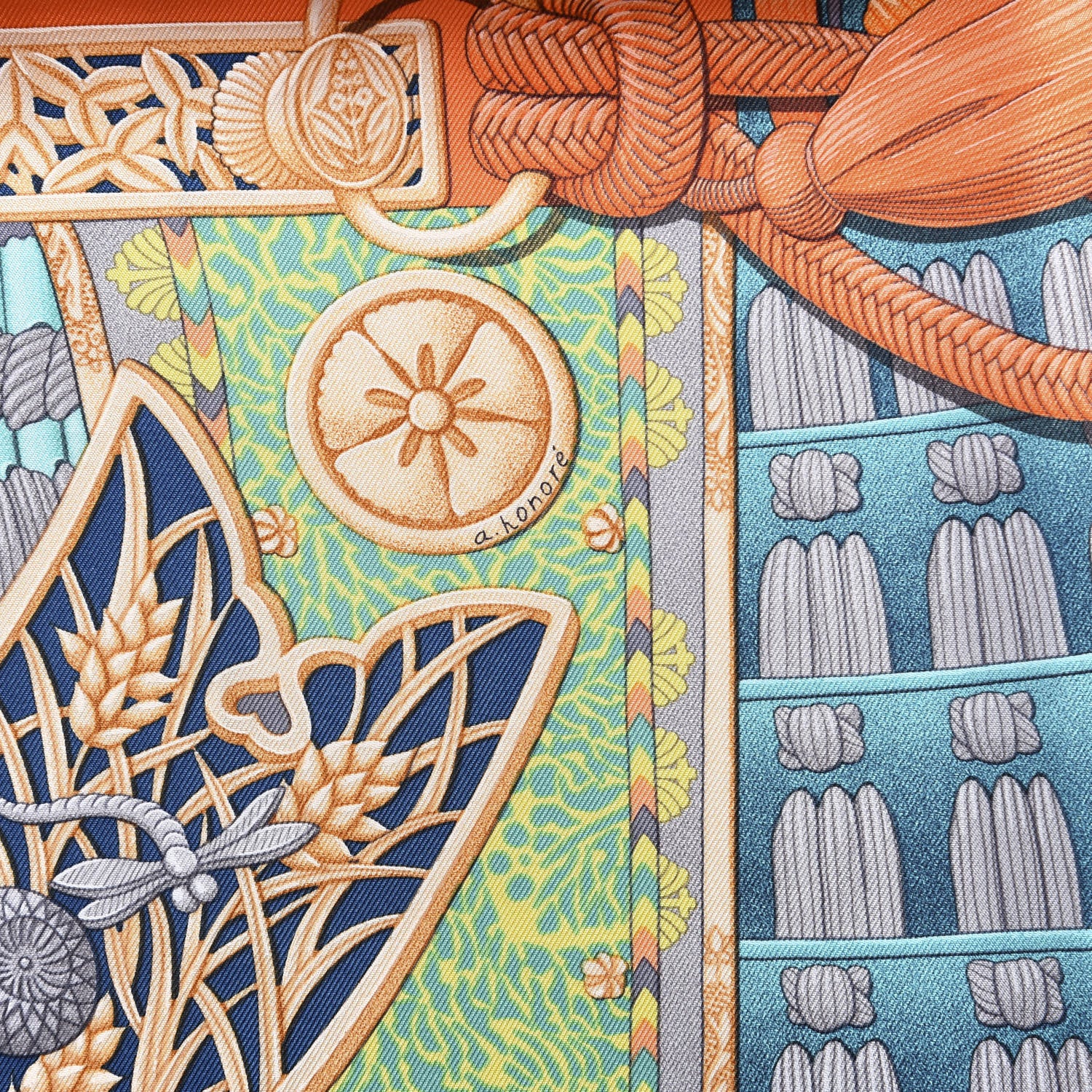 Hermes Silk Parures de Samourais Scarf 90 Corail Turquoise Beige 3 of 4