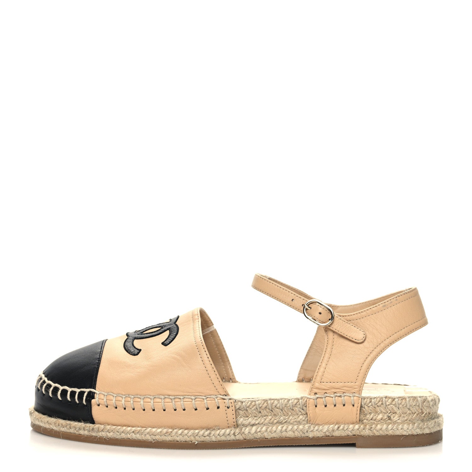 Chanel Lambskin Cap Toe CC Espadrille Sandals 40 Beige Black 1 of 8