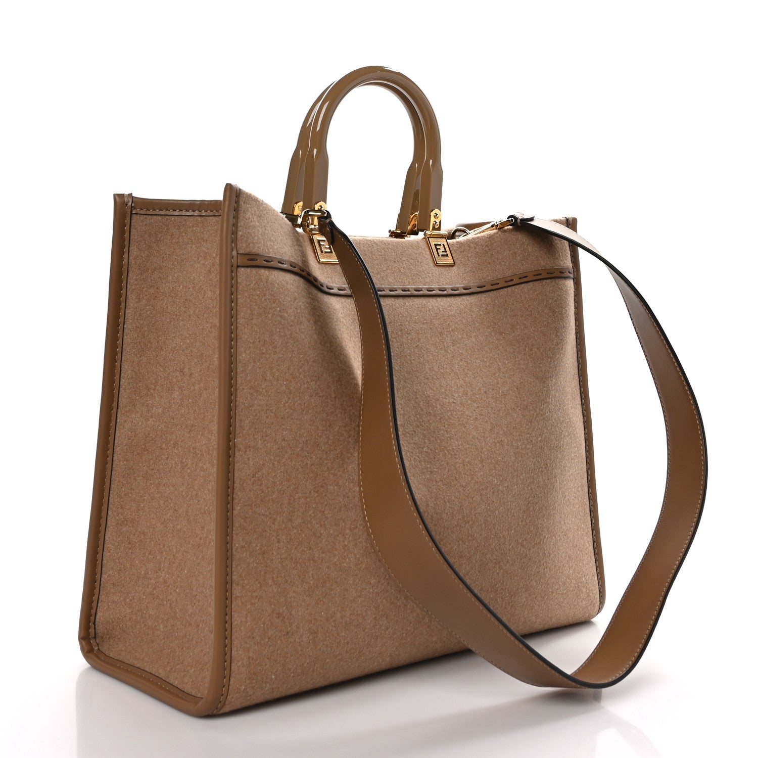 Fendi Flannel Vitello King Wool Plexiglass FF Logo Embroidered Medium Fendi Sunshine Shopper Tote Brown 3 of 8