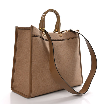 Fendi Flannel Vitello King Wool Plexiglass FF Logo Embroidered Medium Fendi Sunshine Shopper Tote Brown 3 of 8