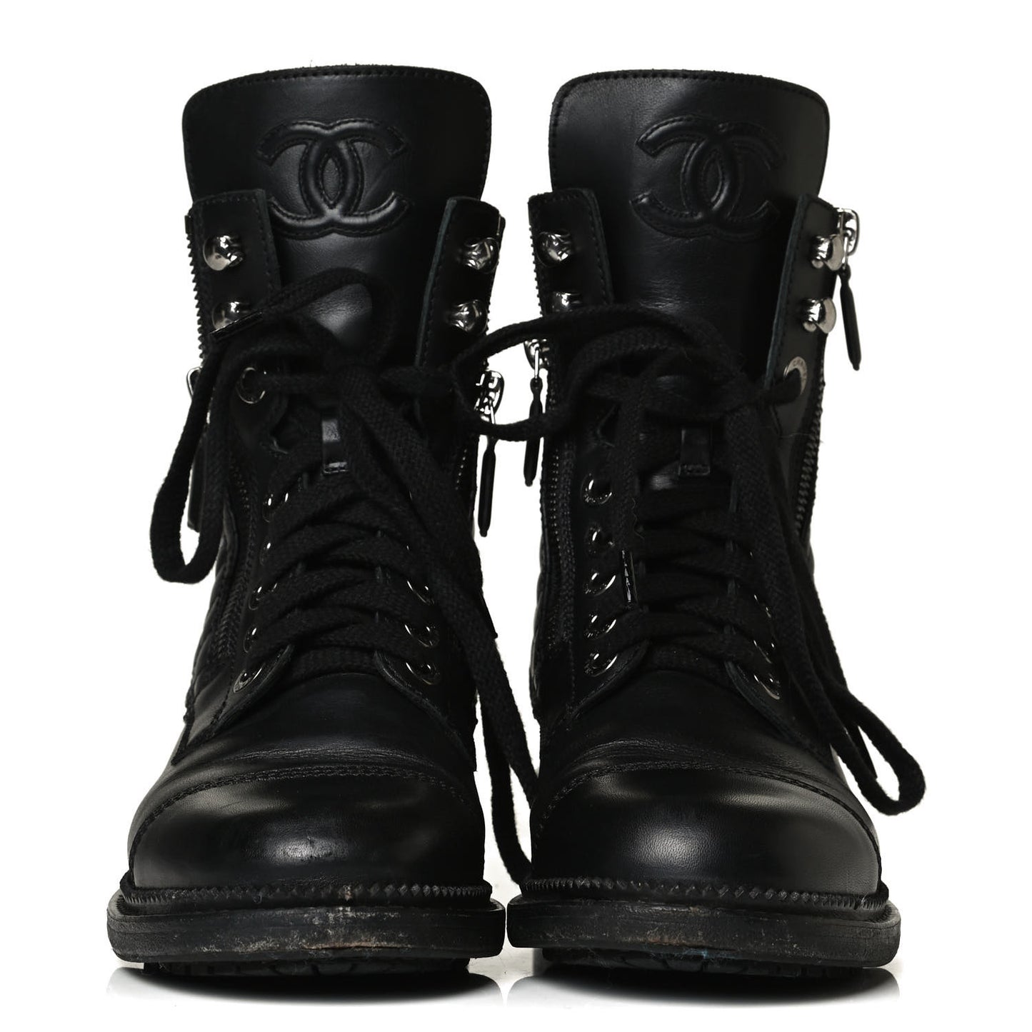 Calfskin Quilted Lace Up Combat Boots 36 Black