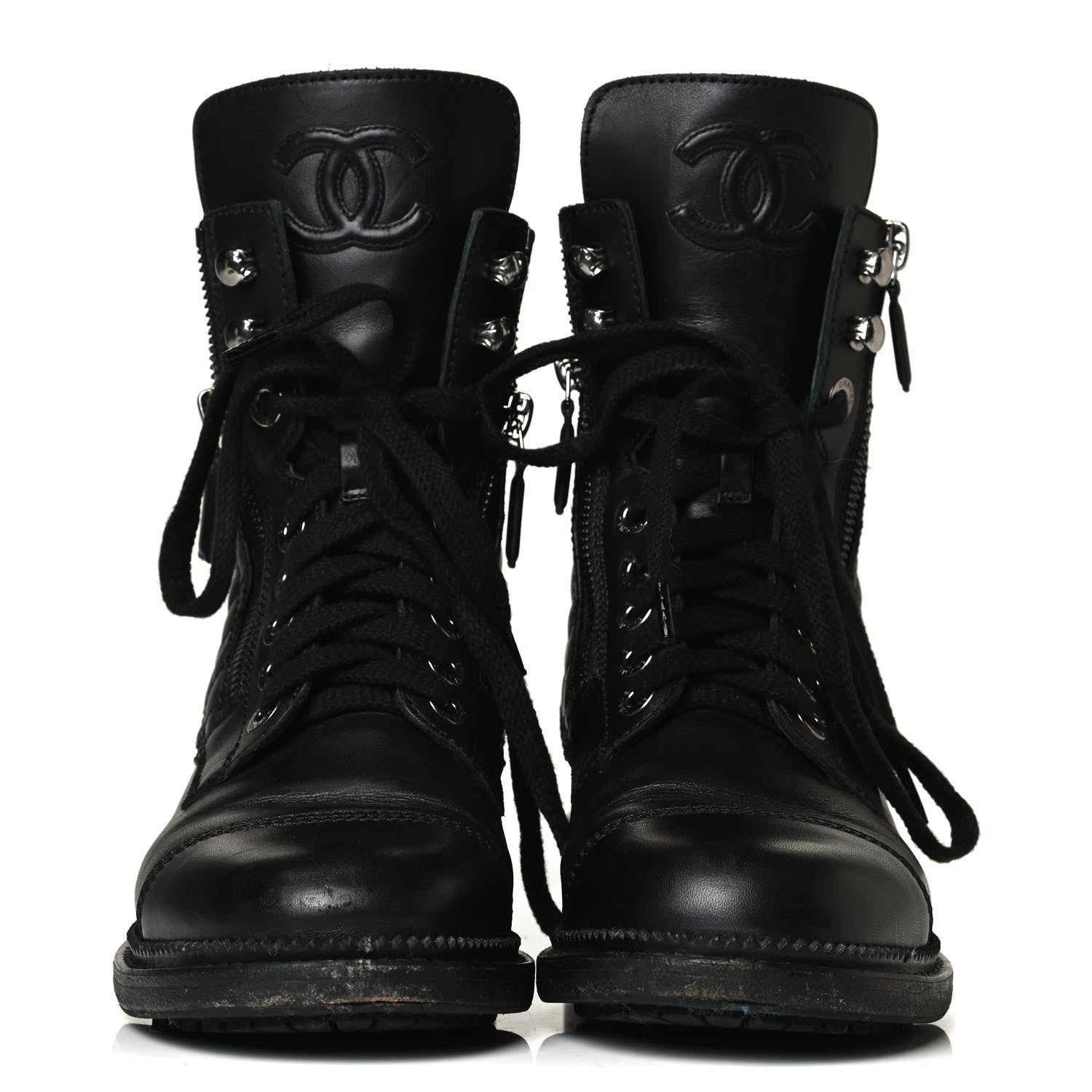 Chanel Calfskin Quilted Lace Up Combat Boots 36 Black 2 of 9