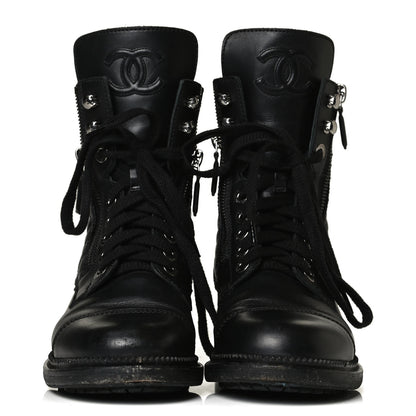 Chanel Calfskin Quilted Lace Up Combat Boots 36 Black 2 of 9