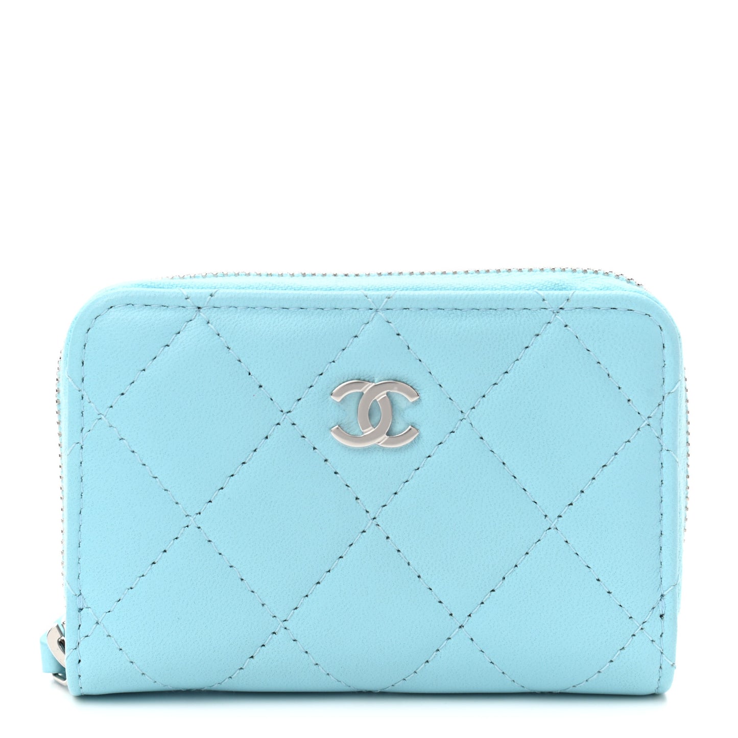 Lambskin Quilted Zip Around Coin Purse Wallet Neon Blue