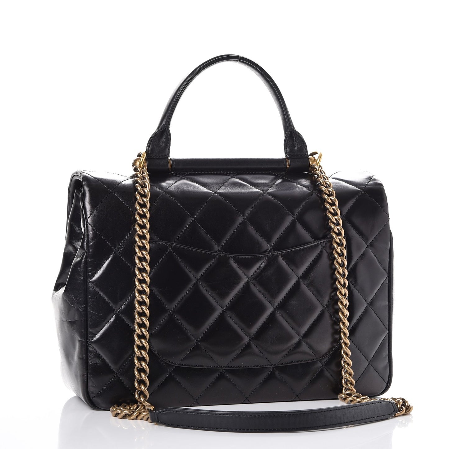 Calfskin Quilted Large Gold Bar Top Handle Flap Black