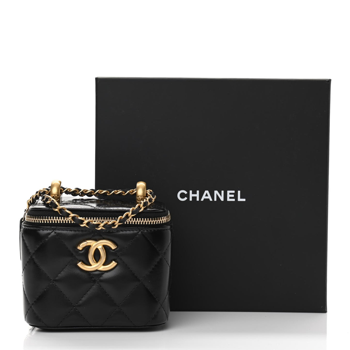 Calfskin Quilted Mini Perfect Fit Vanity Case With Chain Black