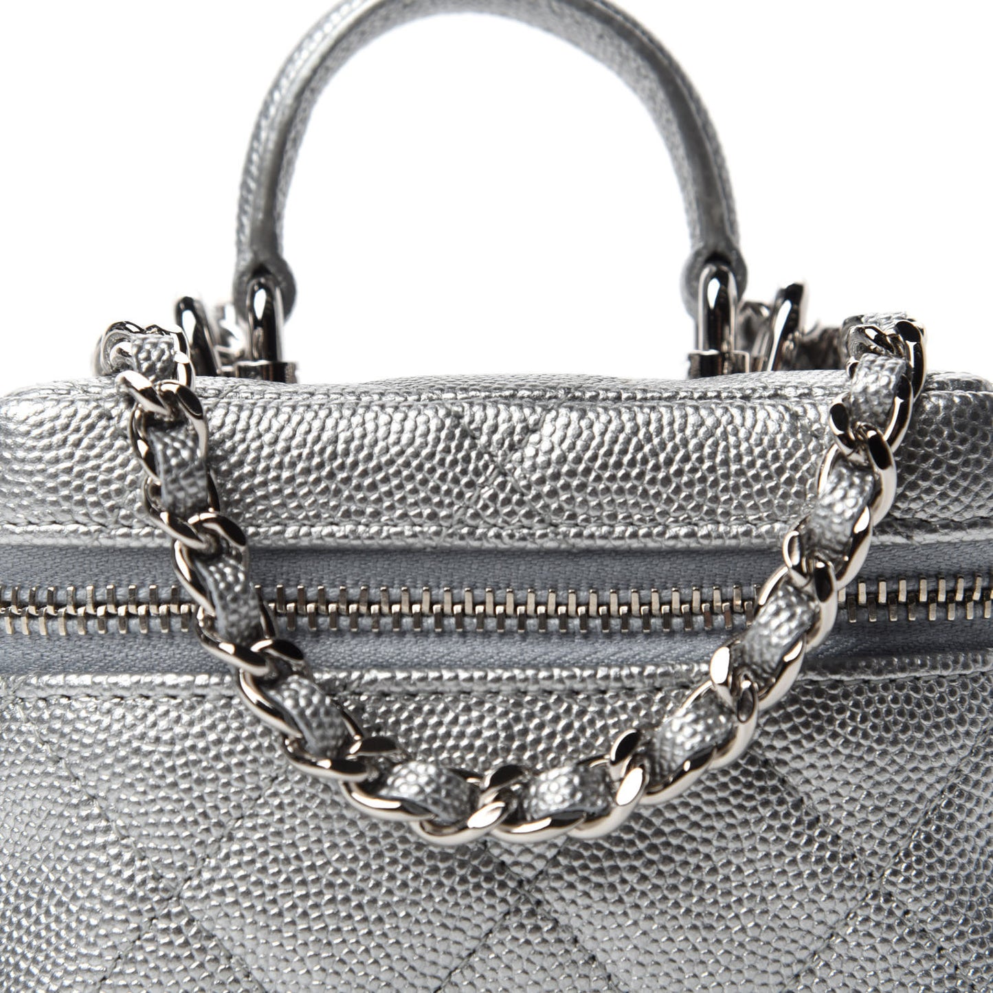 Metallic Caviar Quilted Mini Top Handle Vanity With Chain Silver