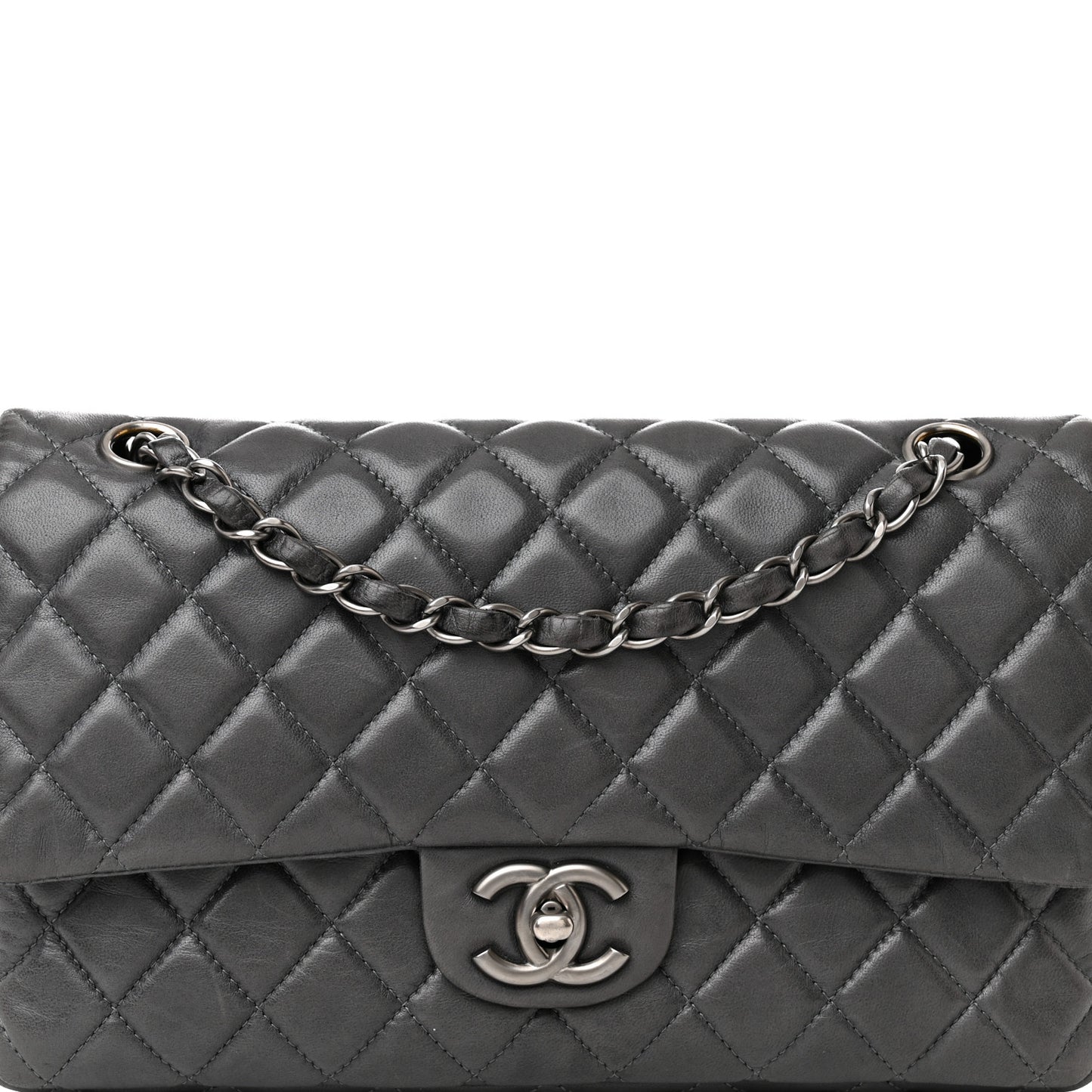 Lambskin Quilted Medium Double Flap Dark Grey