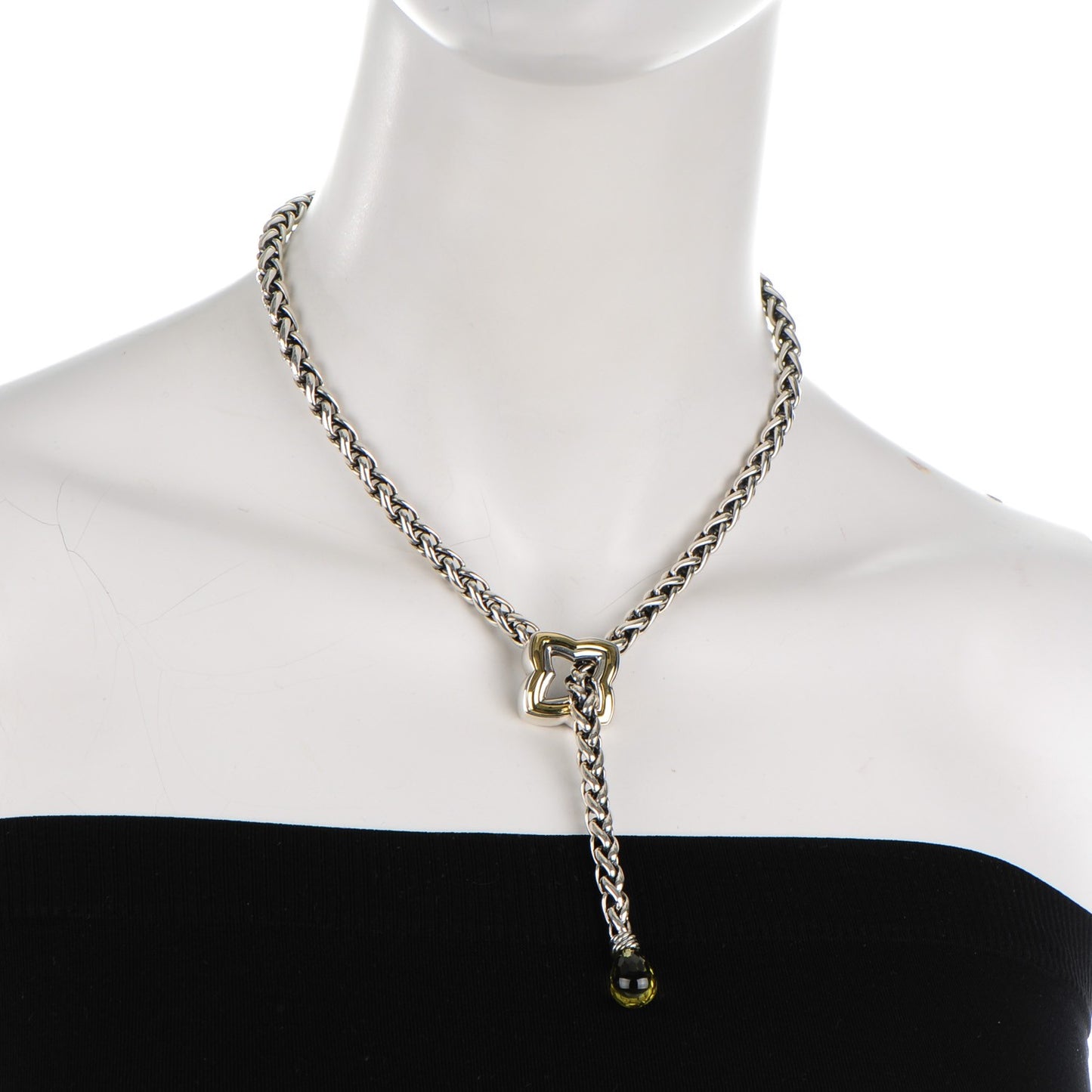 Sterling Silver 18K Gold Citrine Quatrefoil Lariat Wheat Chain Necklace