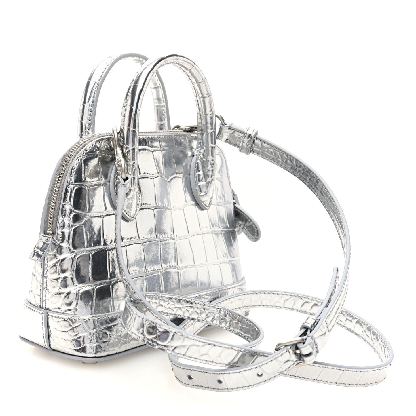 Metallic Calfskin Logo Crocodile Embossed XXS Ville Top Handle Bag Silver Black