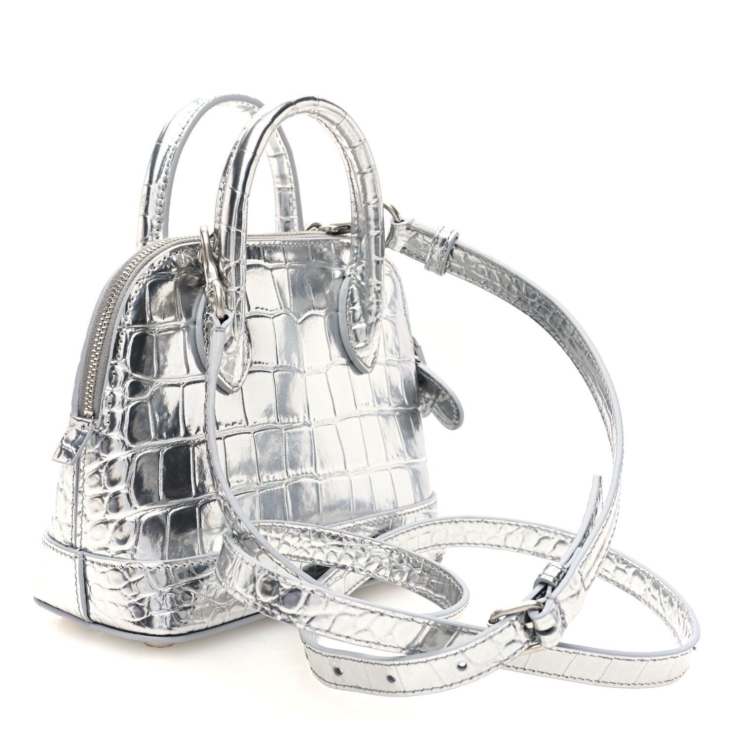 Balenciaga Metallic Calfskin Logo Crocodile Embossed XXS Ville Top Handle Bag Silver Black 3 of 9