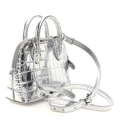 Balenciaga Metallic Calfskin Logo Crocodile Embossed XXS Ville Top Handle Bag Silver Black 3 of 9