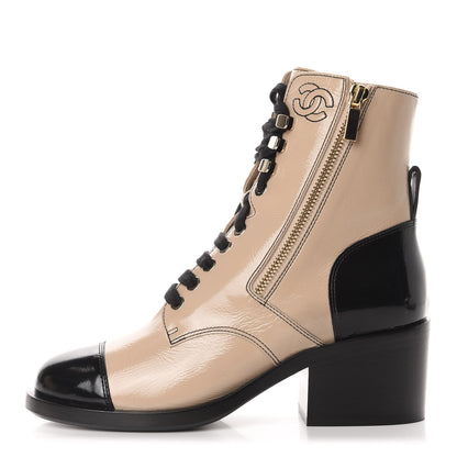 Chanel Patent Calfskin CC Lace Up Short Boots 36 Beige Black 1 of 10