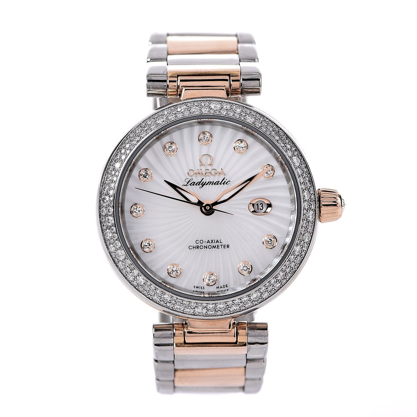 Stainless Steel 18K Sedna Gold Diamond Pave Bezel Mother of Pearl 34mm Ladymatic Co-Axial Automatic Watch 425.25.34.20.55.001