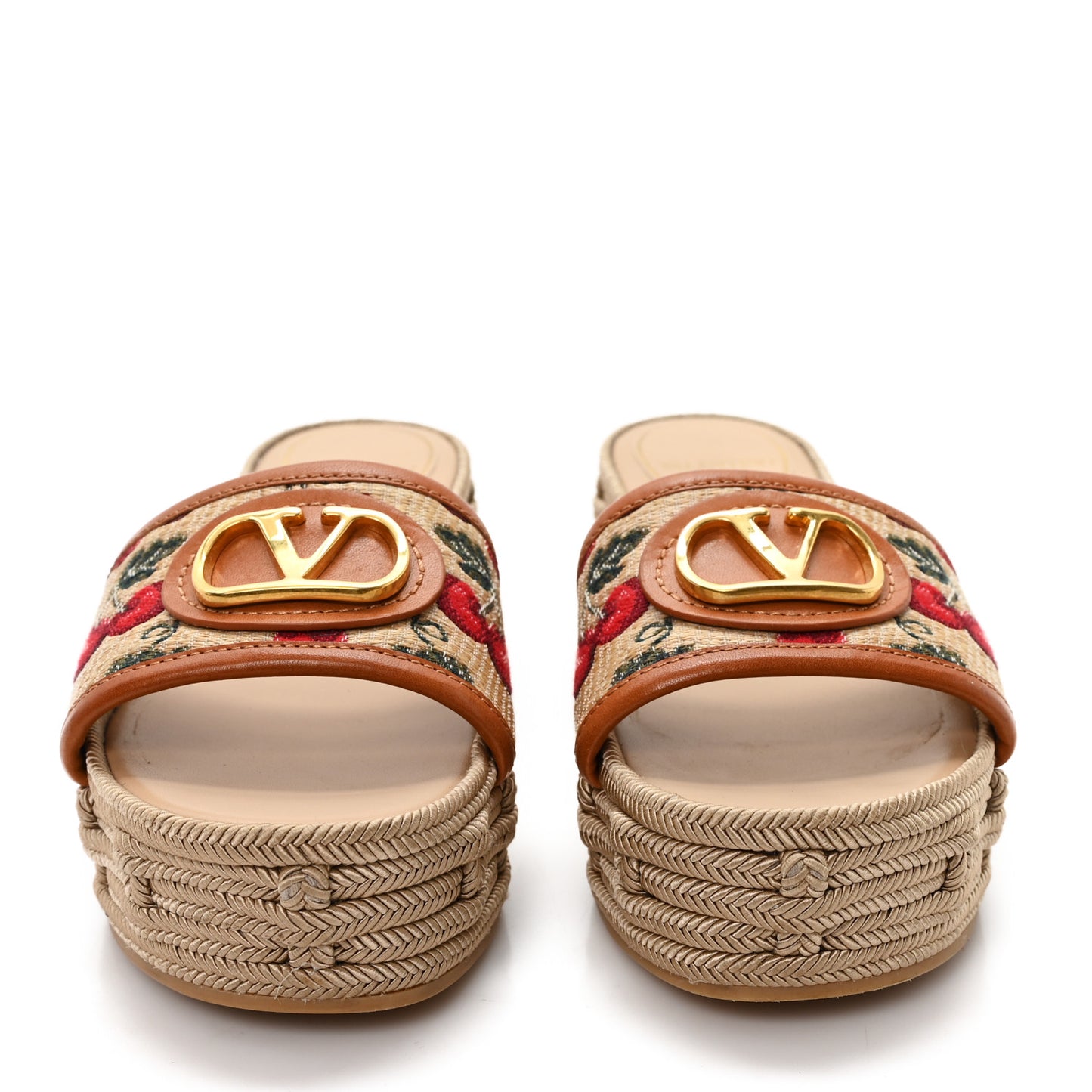 Calfskin Vlogo Signature Cherryfic Pattern Wedge Espadrille Sandals 35 Natural Red