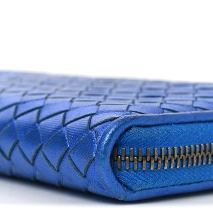 Bottega Veneta Metallic Grosgrain Intrecciato Zip Around Wallet Cobalt 10 of 10