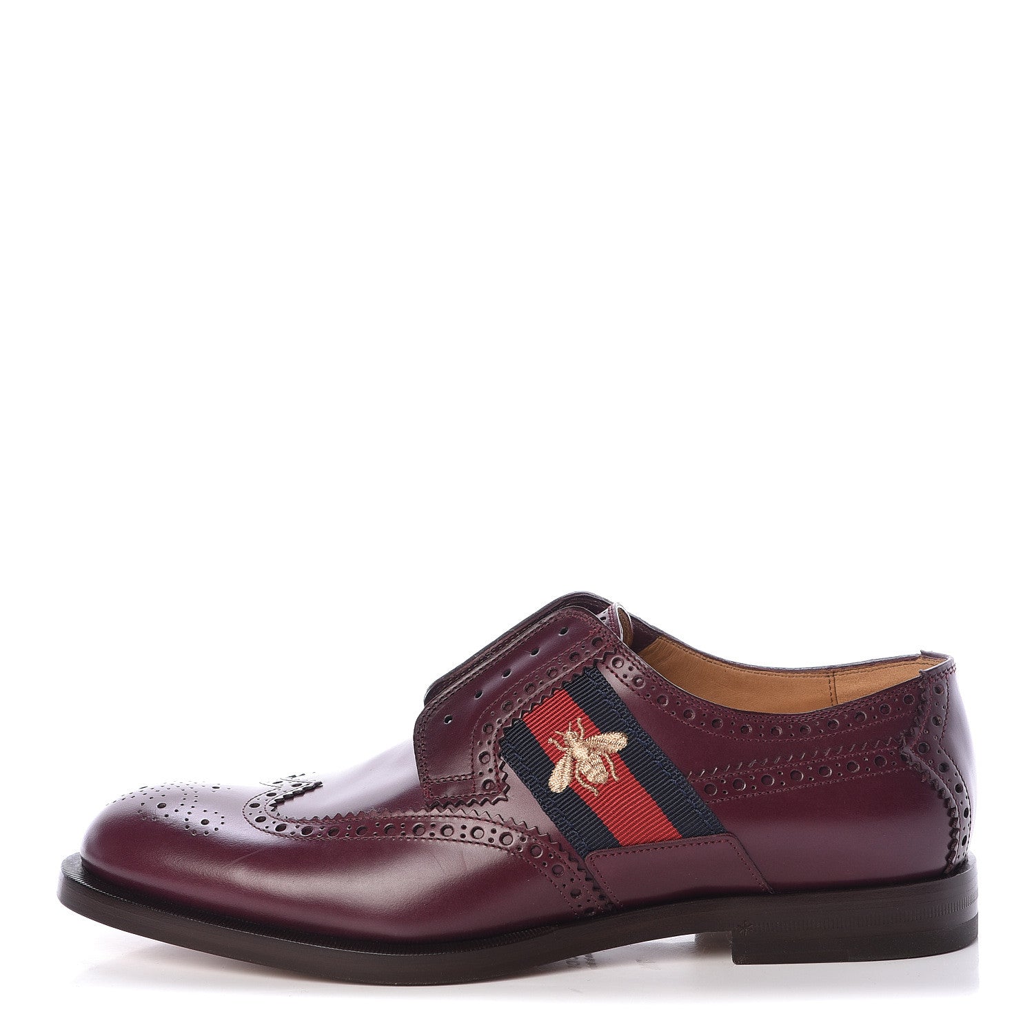 Gucci Calfskin Web Bee Embroidered Mens Slip-On Brogue Wingtip Derby Shoes 7.5 Bordeaux 1 of 11