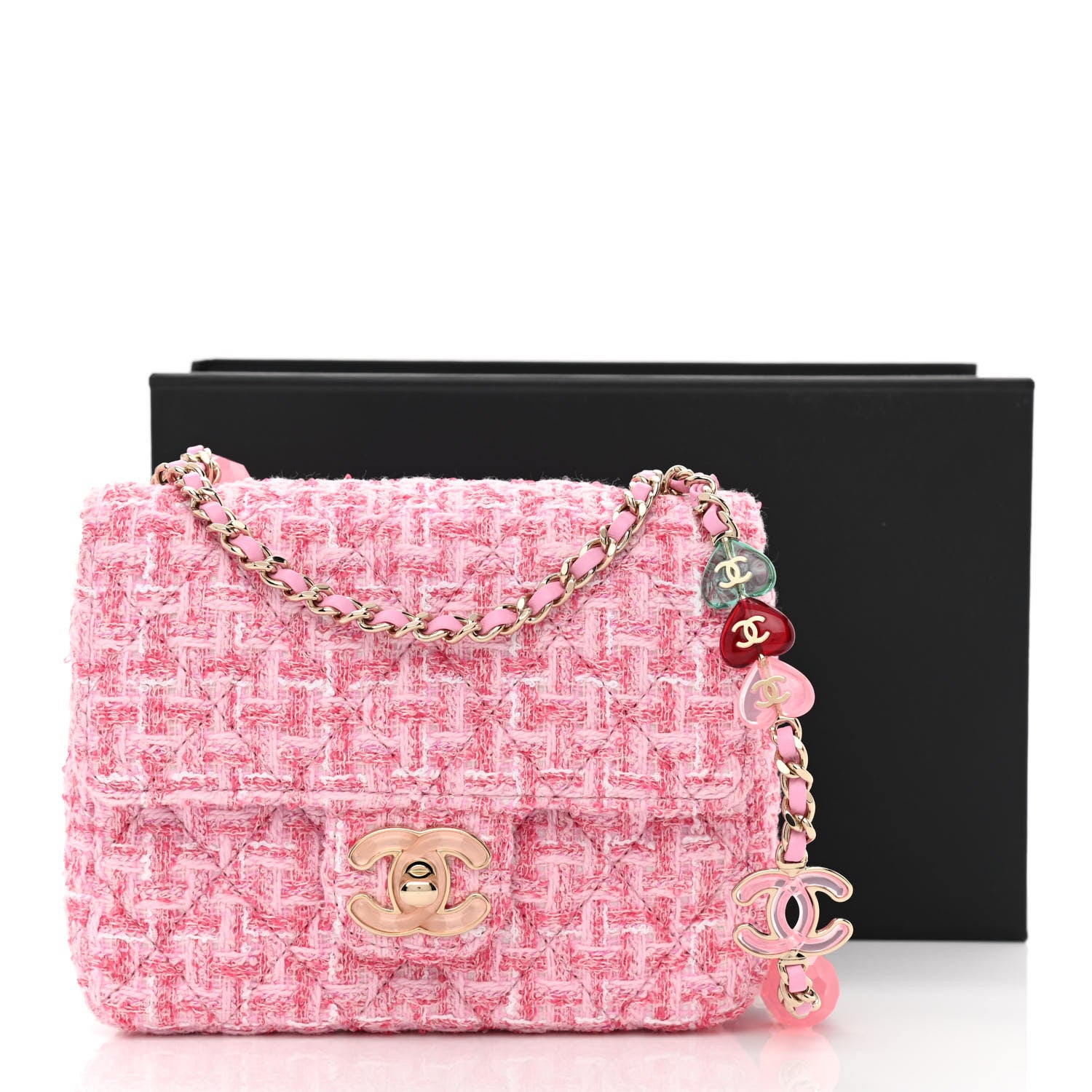 Chanel Tweed Resin Quilted Mini Heart Square Flap Pink White 11 of 11
