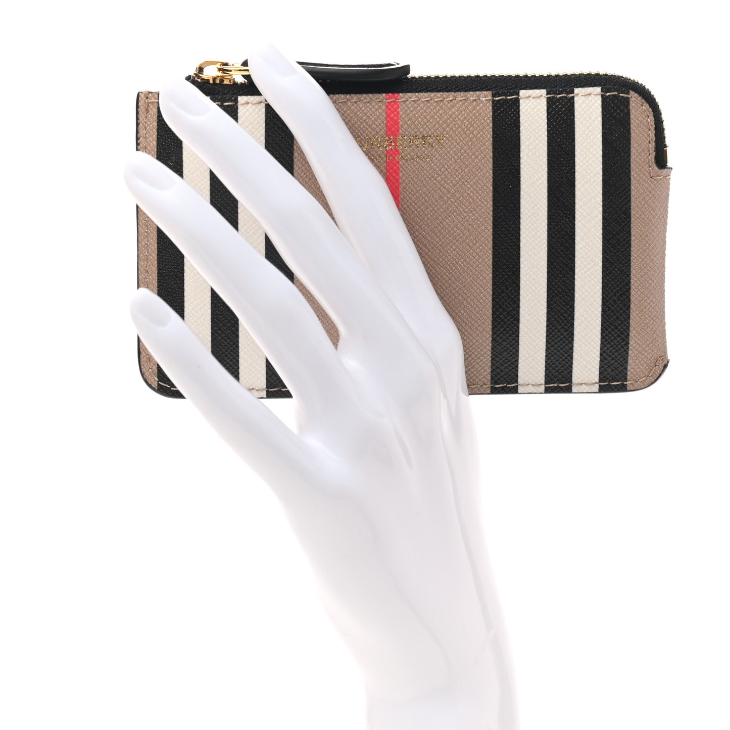 E-Canvas Calfskin Icon Stripe Zip Coin Case Archive Beige